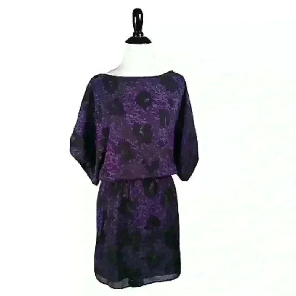Jessica Simpson Purple Black Leopard Chiffon Short Sleeve Boat Neck Medium - Picture 1 of 5